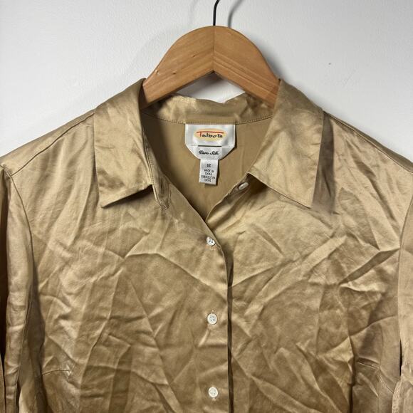 Talbots Top Women 12 Tan Pure Silk Button Up Long Sleeve Minimal Quite Luxury - Picture 3 of 6